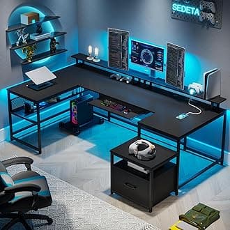 SEDETA U Shaped Gaming Desk,101.5''Reversible L Shaped Home Office Desk with Drawer & Power Outlet,Computer Two Person Desk with Monitor Shelf, Keyboard Tray, Black