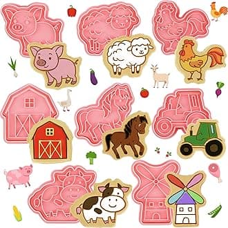 Farm Animal Cookie Cutters Set 8 Pcs Cookie Cutter with Plunger Stamps 3D Animal Embossing Cutters Pig Chicken Sheep Cow Horse Truck Cute Baking Molds for DIY Biscuit Fondant Cheese Snacks