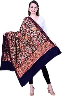 SWI WITH LABEL Women's Kashmiri Wool Blended Shawl Embroidered by Kashmiri Artisans, (Large Size - 40 x 80 Inches)