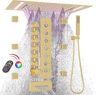HOMEDEC LED Full Body Rain Shower System with 6pcs Body Jets Spray with（Up/Down ）Shower Spout, Large 3 In 1 Functions 14x20inch Showerhead, Rainfall Mist Shower Faucet Set Complete, Brushed Gold