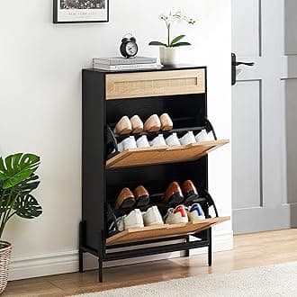 2 Flip Drawers Shoe Storage Cabinet with 1 Drawer, Rattan Shoe Organizer with Metal Legs, Freestanding Narrow Shoe Rack Cabinet for Entryway, Black