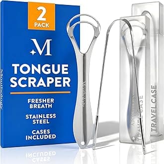 Mouthology Tongue Scraper (2 Pack), Reduce Bad Breath (Travel Cases Included), Stainless Steel Tongue Cleaners, Metal Tongue Scraper, Tongue Scraper for Adults - Fresher Breath in Seconds