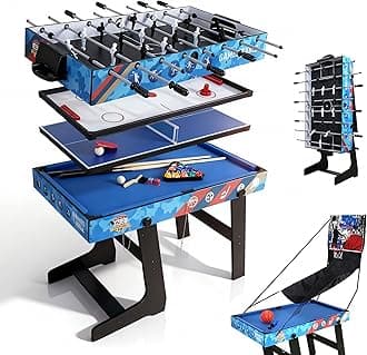 5 in 1 Multi Game Table, Combo Game Table Set for Home, Game Room, Friends & Family, Portable Table Air Hockey, Foosball, Pool, Basketball, Ping Pong and Bowling