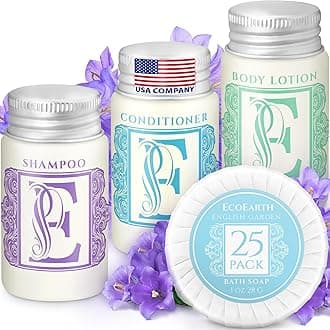 Luxury Travel and Hotel Amenities Set (1 Oz, 100 Pieces), Grade-A Guest Ingredients and Gift Packaging Toiletries, Includes 25 Round Soaps, 25 Shampoos, 25 Conditioners & 25 Lotions by EcoEarth