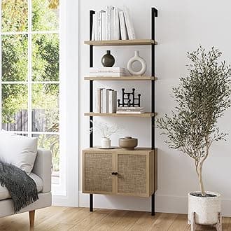 Theo Ladder 3 tier Open Bookshelf with Rattan Drawers and Matte Steel Frame, Light Oak/Black