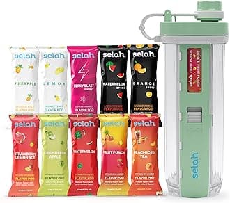 Selah Flavored Water Bottle - Water Enhancer, Sugar Free, Vitamin Infused Water - 20oz Water Bottle With Flavor Pods Included - Energy Drink, Strawberry, and Sports Drink Pods (Green, 10 Flavor Pods)