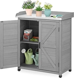 - Outdoor Storage Cabinet & Potting Bench Table with Metal Top, Wooden Patio Furniture, Garden Workstation (Classic Grey, 39x31.5x17in)