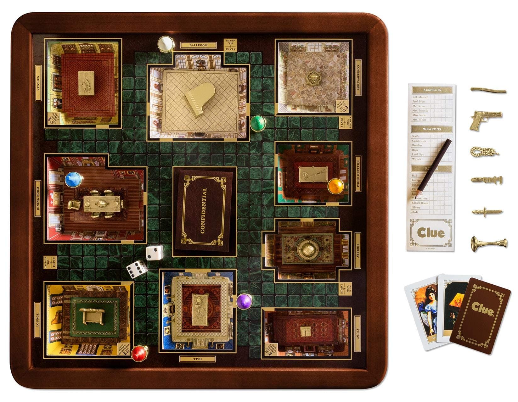 Clue Luxury Edition Board Game with Burl Wood Cabinet, Gold-Plated Accessories, and Faux Leather Storage, Family Board Games for 3 to 6 Players