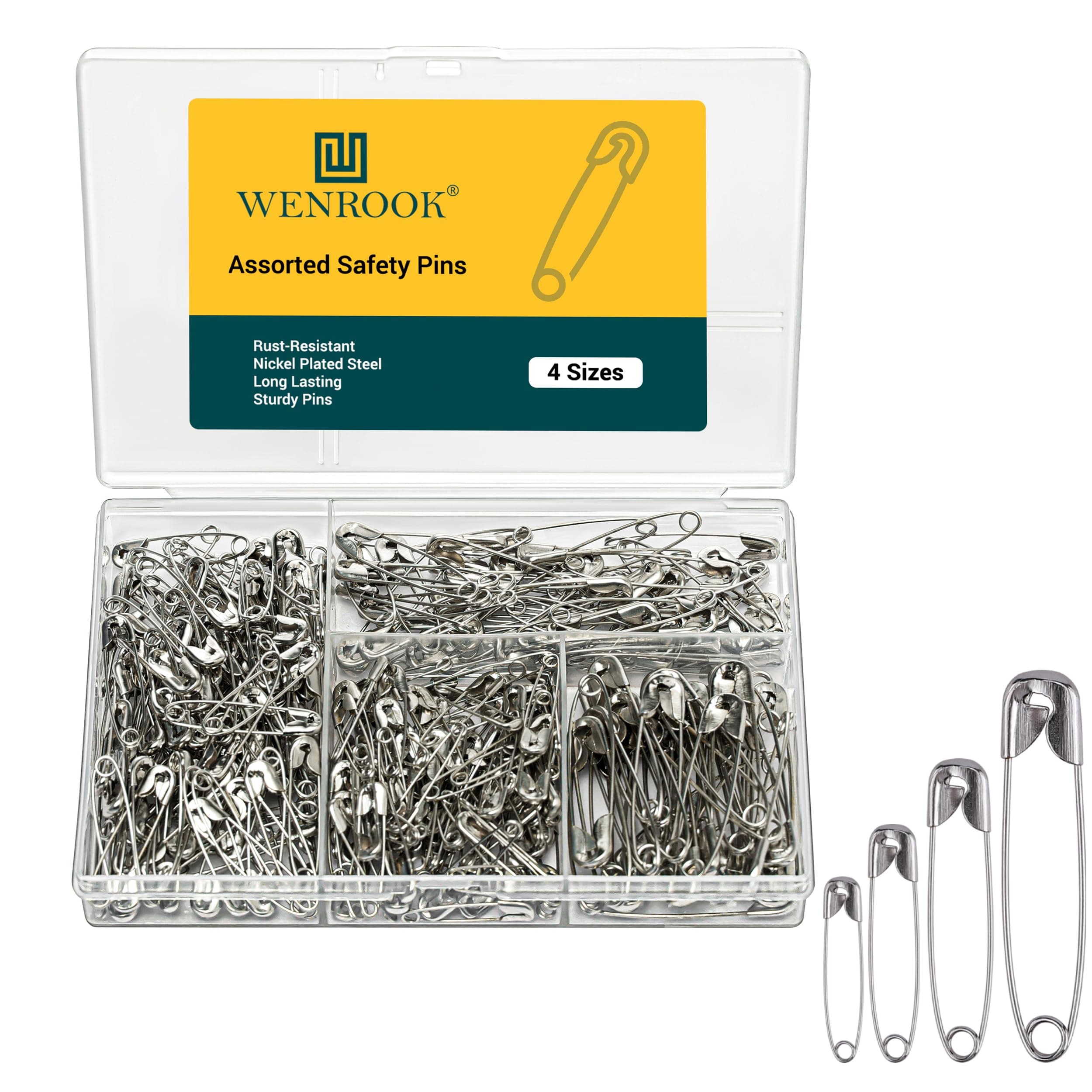 Wenrook 300 Pack Safety Pins Assorted, 4 Different Sizes, Strong Nickel Plated Steel, Safety Pins for Clothes, Crafts, Pinning and More