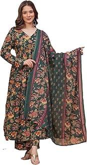 MEERA FAB Women's Cotton Blend V-Neck Anarkali Printed Kurta with Palazzo & Dupatta