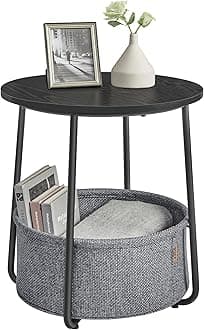 VASAGLE Small Round Side End Table, Modern Nightstand with Fabric Basket, Bedside Table for Living Room Bedroom, Ebony Black and Slate Gray ULET223B01