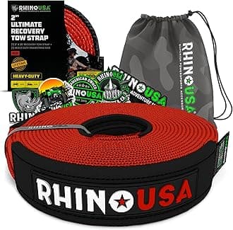 Rhino USA Recovery Tow Strap (2"x20')- 20,024lb Break Strength- Emergency Recovery Strap Tow Rope for UTV, ATV & More- Heavy Duty Towing Strap for Offroad 4x4 Use- Compatible with RZR and Can-Am (Red)