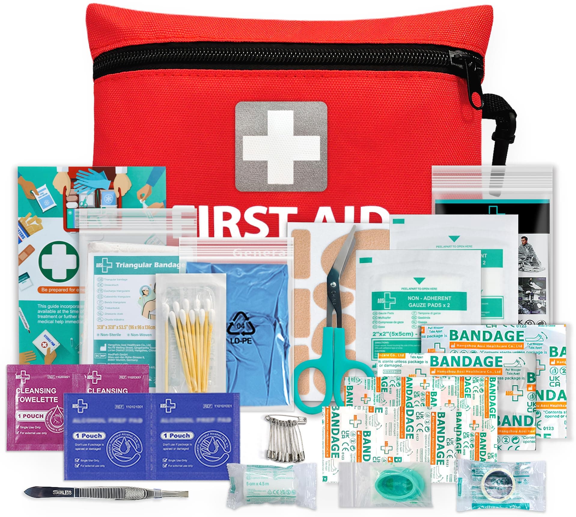 General Medi Mini First Aid Kit, 92 Pieces Small First Aid Kit - Includes Emergency Foil Blanket, Scissors for Travel, Home, Office, Vehicle, Camping, Workplace & Outdoor (Red)