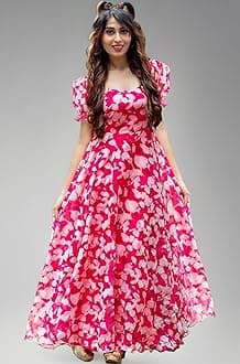 Women's Georgette Digital Printed Maxi Dress for Women (Dress 39 Neon Pink L)