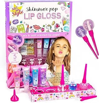 Just My Style Shimmer Pop Lip Gloss, Create 5 Lollipop-Shaped Lip Glosses, Includes Funnel, Empty Lip Gloss Containers, Sweet Lip Gloss Base, Body Glitter & More, DIY Lip Gloss, Multi (208316J)