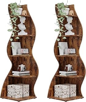 Tribesigns Corner Shelf, Rustic 5-Tier Wall Corner Bookshelf, Stylish Corner Small Bookcase Storage Rack Plant Stand with Unique Shape for Living Room, Home Office (2PCS, Brown)