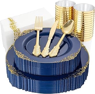Nervure 175pcs Blue plastic Plates with Gold trim&Gold Plastic Silverware -Include 25Navy Dinner Plates 25Salad Plates-25Retro Knives 25Spoons 25Forks 25Cups 25Napkins-Wedding&Parties Supplies
