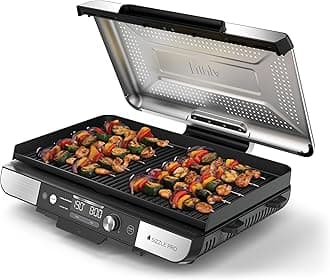 Ninja Sizzle Pro XL Indoor Grill & Flat Plate, Includes Non-Stick Ceramic Coated Grill Plate & Flat Top Plate, Detachable Lid, Grease Catch & Recipe Guide, Silver/Black GX101UK