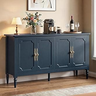 RoyalCraft 59" Buffet Cabinet with Storage, Vintage Sideboard with Adjustable Shelves & Carved Handle, Mid Century Modern Painted Credenza Coffee Bar for Kitchen, Dining Room, Navy Blue