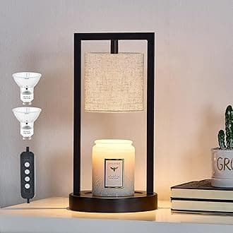 Candle Warmer Lamp with Timer, Black Candle Lamps Linen Fabric Shade, 3-Level Dimmable Candle Warming Wax Melt Warmer for Scented Wax, 50W Electric Warmer Lamp for Women Home Decor (2 Bulbs Included)