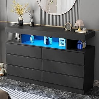 BEWISHOME Black Dresser for Bedroom with Charging Station and LED Lights, 6 Drawer Dresser Chests of Drawers, Wood Dressers for Closet, Modern Wide Dressers with Open Space, TV Stand, Black KCG02B