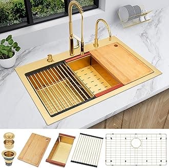 LQS Gold Kitchen Sink 33x22, Gold Drop In Kitchen Sink with 3 Holes, 33 Inch Large Top Mount Stainless Steel Handmade Sturdy 16 Gauge T304 with Abundant Accessories, R10 Round Corner