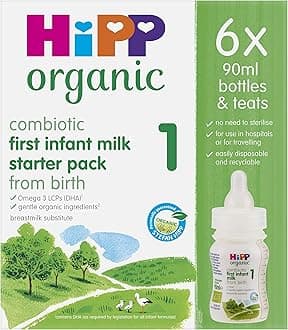 HiPP Organic 1 First Infant Baby Milk Ready to feed liquid formula starter pack, From birth (6 x 90ml bottles)