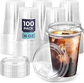 [100 Pack] Disposable Strawless Plastic Cups with Lids - 16 Oz Clear Plastic Cups and Sippy Cups Lids, Perfect Eco-Friendly To Go Cups for Iced Coffee, Smoothies, Soda Party Drinks and Cafe Essentials