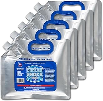 Cooler Shock Reusable Ice Packs for Lunch Bags - Long-Lasting Freezer Packs with Built-in Handle - Small Lunchbox Size, Pack of 5