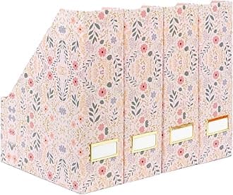 BLU MONACO Foldable Magazine File Set of 4 with Floral Boho Design – Decorative Cardboard Magazine Organizer for Home, Office & Dorm Room – Artistic Magazine Storage Solution