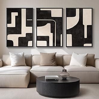 Large Framed Neutral Abstract Wall Art for Living Room, 3 Piece Black Beige Canvas Prints Paintings Artwork for Walls, Modern Minimalist Abstract Pictures for Hallway Office Wall Decor 24x36 In