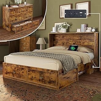 AMERLIFE Full Size Murphy Bed, Farmhouse Wooden Cabinet with Charging Station and Storage Drawer for Bedroom/Office/Guest Room, Rustic Brown