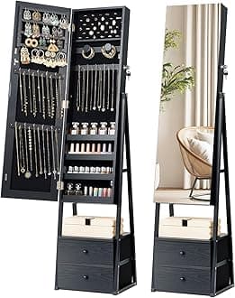Nicetree LED Mirror Jewelry Cabinet Standing, Lockable Jewelry Cabinet Armoire with 2 Drawers, Full Length Mirror with Jewelry Storage, Christmas Gifts, Black