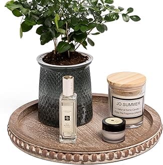 HPC Decor 12in Round Gray Wood Beaded Tray - Decorative Living Room, Coffee Table, Kitchen Table, Dining Room or Farmhouse Serving Tray