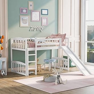 Bellemave Twin Loft Bed with Slide and Ladder,Wood Low Loft Bed for Kids, Boys Girls,White