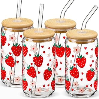 Glass Cups with Lids and Straws with Design Strawberry 4 pcs,Clear Glass Cups 16 oz-DWTS Drinking Glasses Set,Glass Tumbler,Cute Design Glass Iced Coffee Cups with Lids and Straws