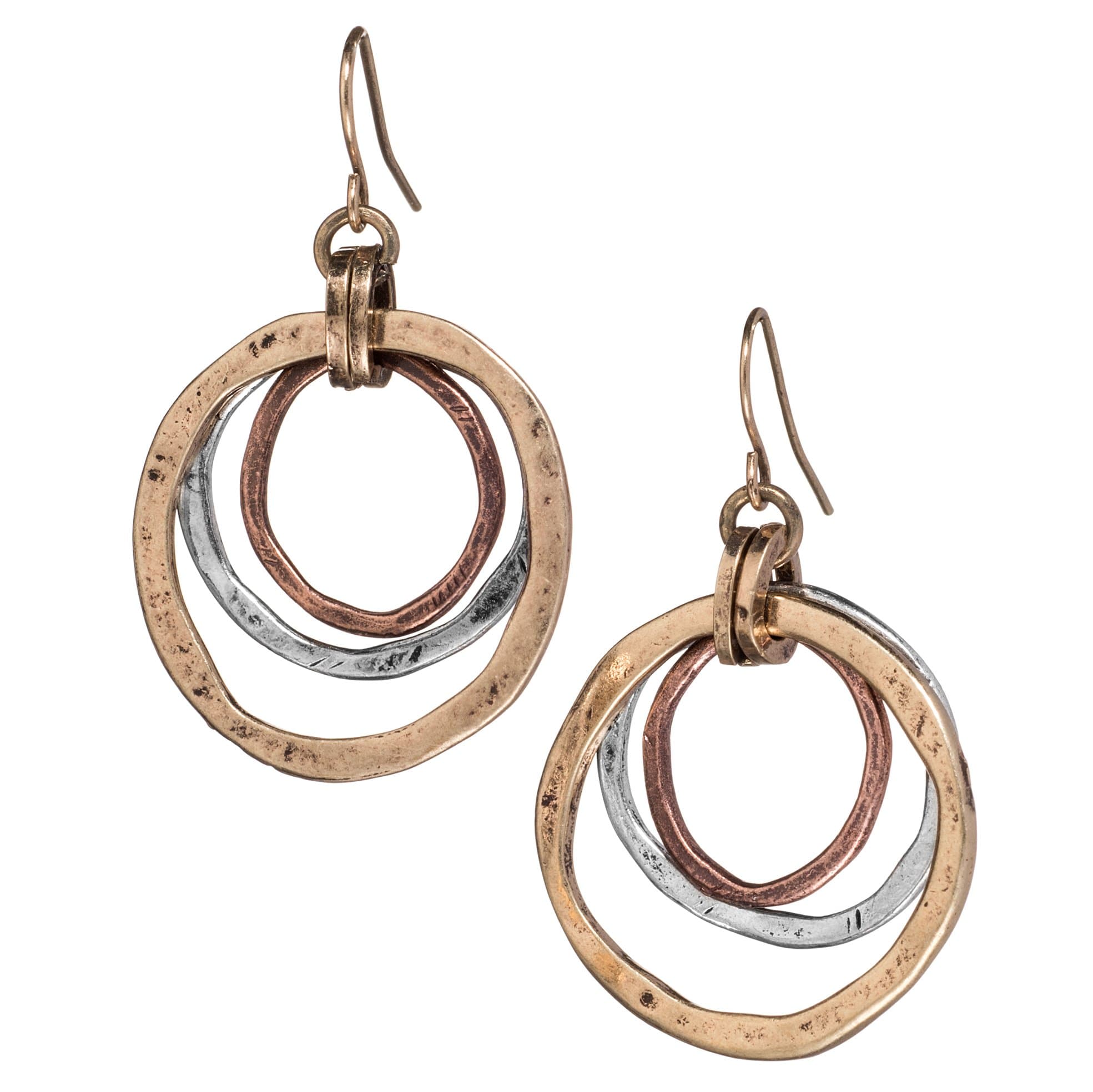 Handmade Sunrise Tricolor Dangle Earrings from Cape Cod, U.S.A. Studio of Award-Winning Artist Judith Stiles, Gently Hammered, Textured, Burnished Silvertone Circle Interlocking with Sunlight Brass and Petite Copper Circle