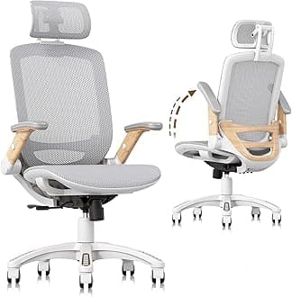 GABRYLLY Ergonomic Office Chair, High Back Home Desk Chair with Flip-Up Arms, Headrest, 90-120° Tilt and Wide Cushion, 300LBS White Mesh Chair for Work Gaming Study (GY01-NT, Woodgrain Pattern)