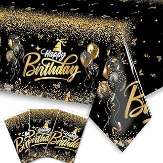 Happy Birthday Decorations - Gold and Black Tablecloth, Rectangle Plastic Disposable Table Covers for Men Women 90th 80th 70th 60th 50th 40th 30th Birthday Party (3pcs)