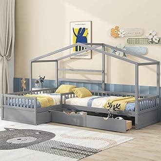 Harper & Bright Designs Twin Size House Platform Bed with Drawers and Roof for Kids Girls Boys, L-Shaped Bed with Roof and Fence, Corner Bed Frame for Bedroom, No Box Spring Needed, Gray