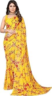 Yashika Women's Trendy Printed Georgette Color Saree with Blouse Material(AZ-YS-P1-KHUSHALI Yellow) (AZ-YS-P1-USHA-P