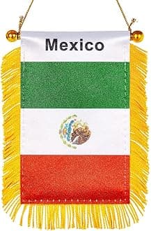 WXTWK 3 X 5 Inch Mexico Flag Mexican Window Hanging Flag Small Mini Car Flags Banners Rearview Mirror Decoration With Suction Cup Golden Fringy Banner