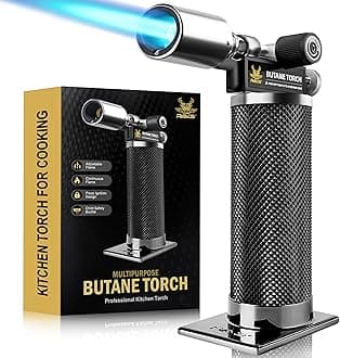 RAVS Butane Torch Lighter, Premium Metal Kitchen Torch with Adjustable Flame & Safety Buckle, Refillable Creme Brulee Torch for Baking, BBQ, DIY, Resin Art, Black, Butane Gas Not Included