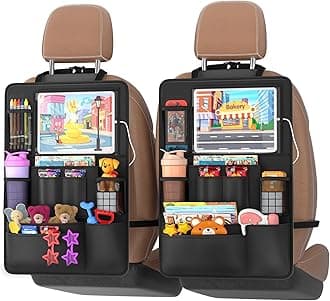 Backseat car Organizer with Touch Screen,2PACK of car organizer Kick Mats Back Seat Protector with 10pcs Storage Pockets,Car Seat Back Organizers Storage for Kids road trip essentials