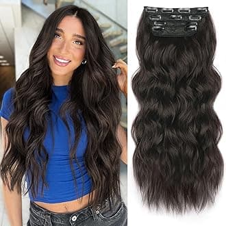 ALXNAN Clip in Long Wavy Synthetic Hair Extension 4PCS 24 Inch Dark Brown Thick Hairpieces Fiber Double Weft Hair for Women