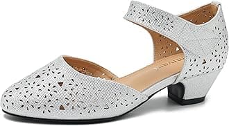 Women's Ankle Strap Cut Out Closed Toe Low Block Heels Pumps Retro Shoes Hook and Loop D'Orsay Comfortable Vintage Dressy Wedding Party Work Church Shoes