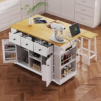 53-Inch Large Kitchen Island Cart with Drop Leaf, Power Outlet, 5 Rolling Wheels, Internal Storage, 5 Open Side Racks, Ideal for Kitchen & Dining Room, White (Bar Stools Not Included)