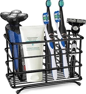 HYRIXDIRECT Toothbrush Holder Black Plating Stainless Steel Rustproof Bathroom Electric Toothbrush Holder Toothpaste Storage Organizer Multi-Functional 6 Slots Stand for Vanity,Countertops (Black-02)