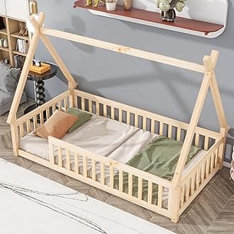 Twin Floor Bed with Safety Guardrails & Slats,Montessori Floor Bed Slats for Kids Bedroom,Space Saving Design,No Box Spring Needed, Natural