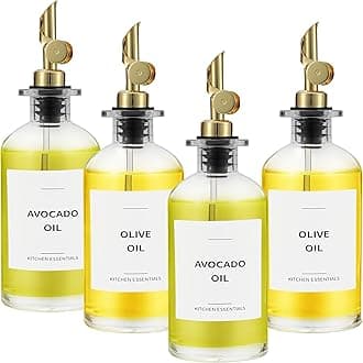 Spaceneat Olive Oil Dispenser Bottle - Includes 55 Kitchen Essential Labels - Cooking Oil Bottles for Kitchen, Coffee Syrup Dispenser - Pourer Spout with 11.8 fl oz Glass Container Cruet - 4pcs, Gold